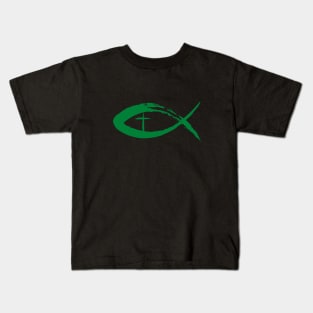 Painted Cross and Fish Christian Design - Green Kids T-Shirt